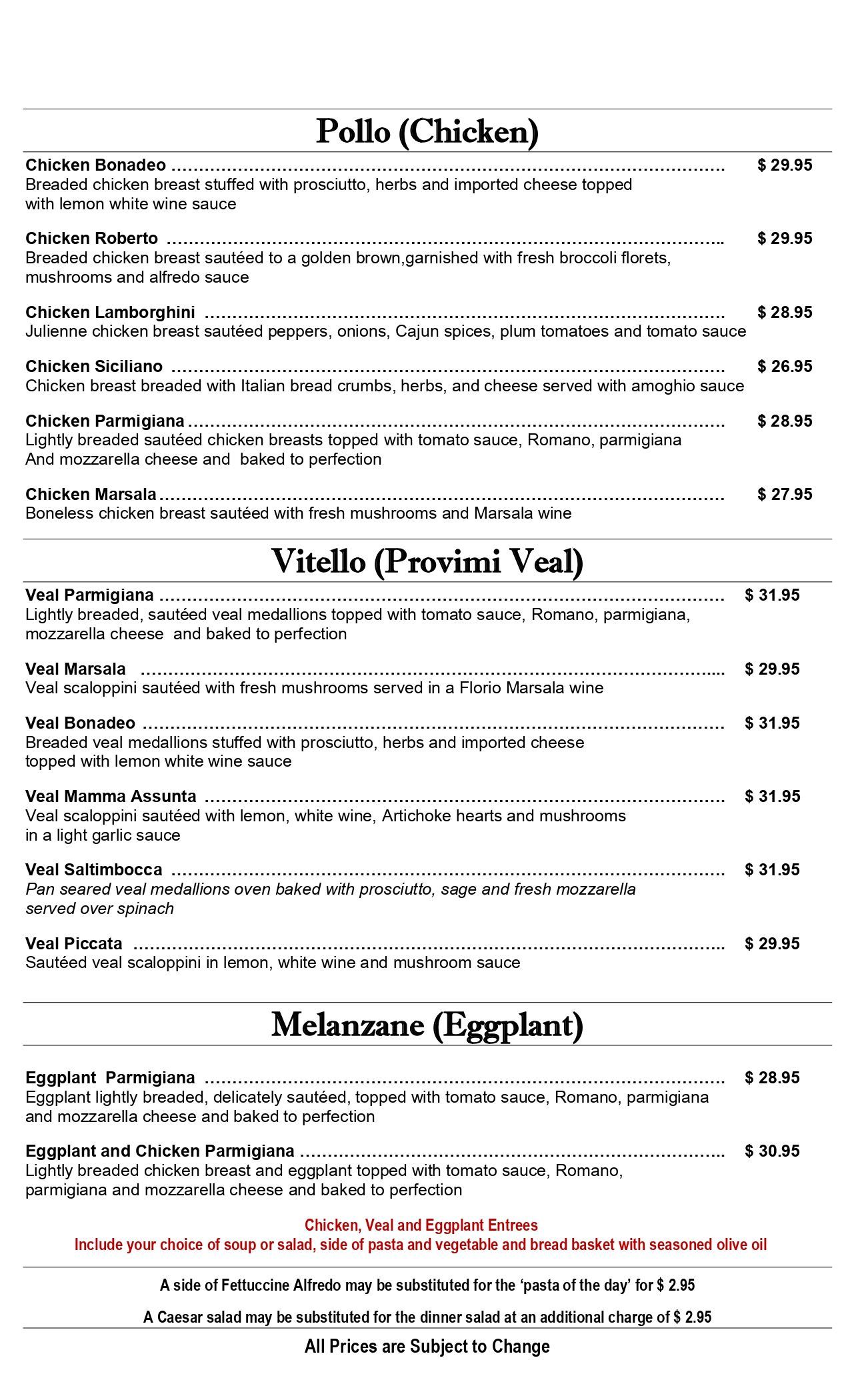 Dinner Menu Selection – Troy, MI – Picano’s Italian Grille